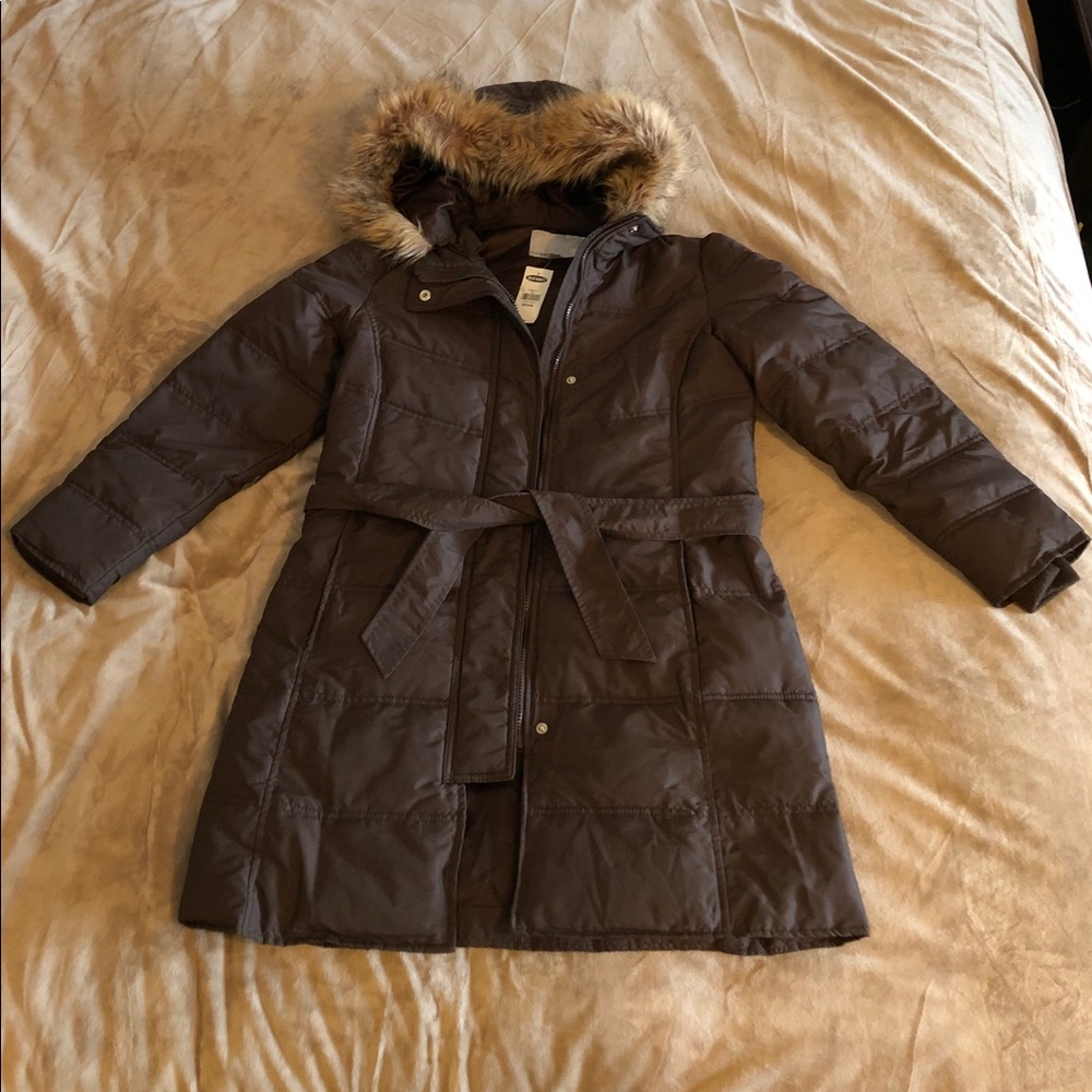 brown Knee length faux fur hood winter Coat M NWT
